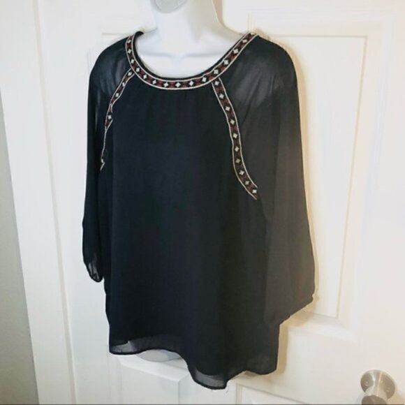 SKIES ARE BLUE Embroidered Mesh Blouse Long sleeve Navy Blue and Red Top M - Picture 5 of 9
